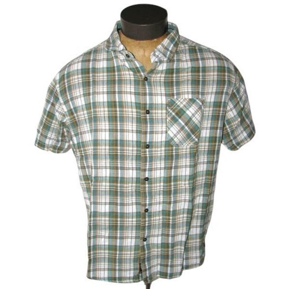 ✨Kuhl White/Green/Orange Plaid Organic Cotton Short-Sleeve Button-Up Sz L Shirt✨